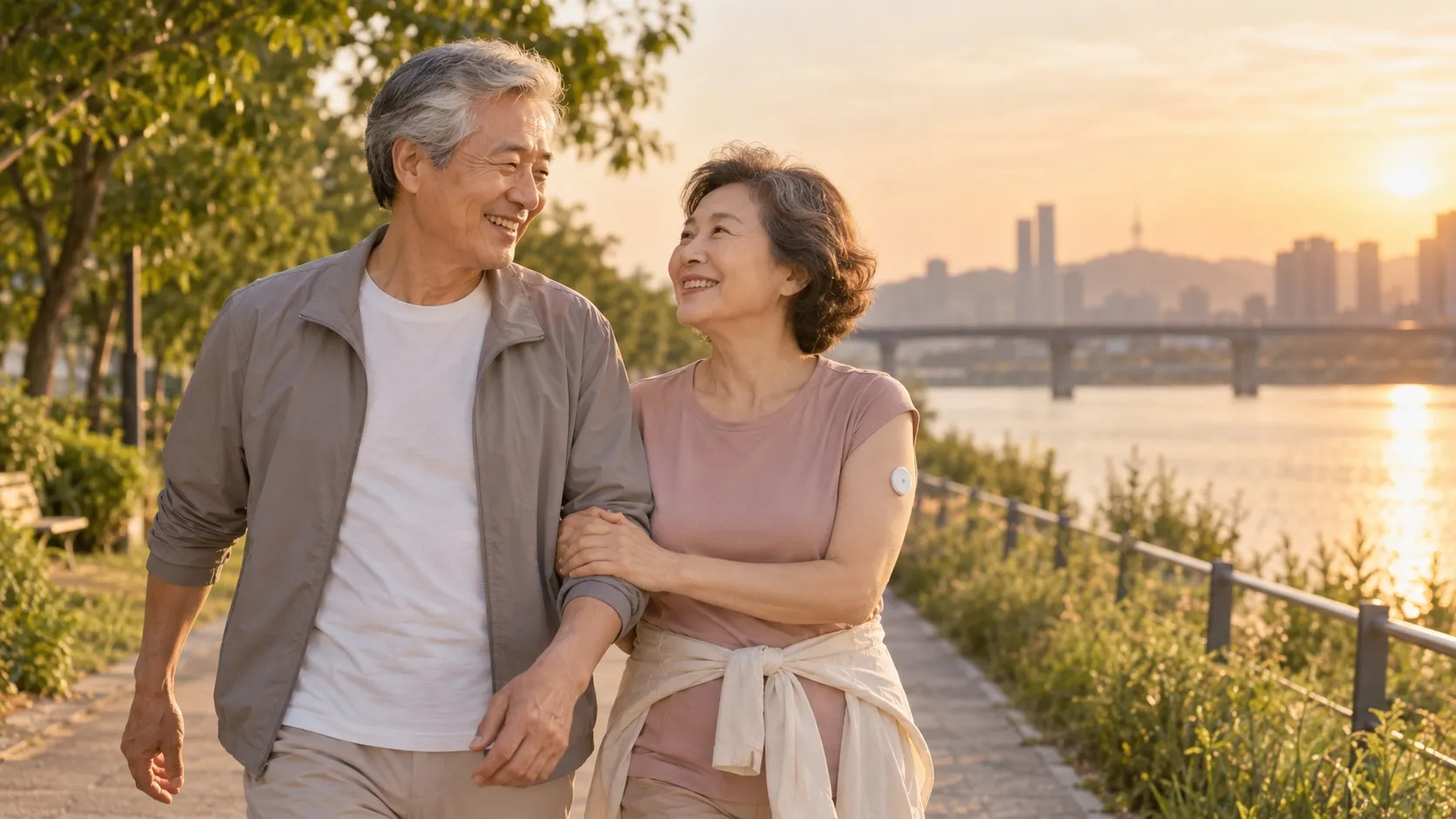 노을이 비치는 강변 산책로를 팔짱 끼고 걷는 중년 부부. 여성의 팔에 작은 혈당 센서가 붙어 있고 두 사람 모두 웃고 있다.