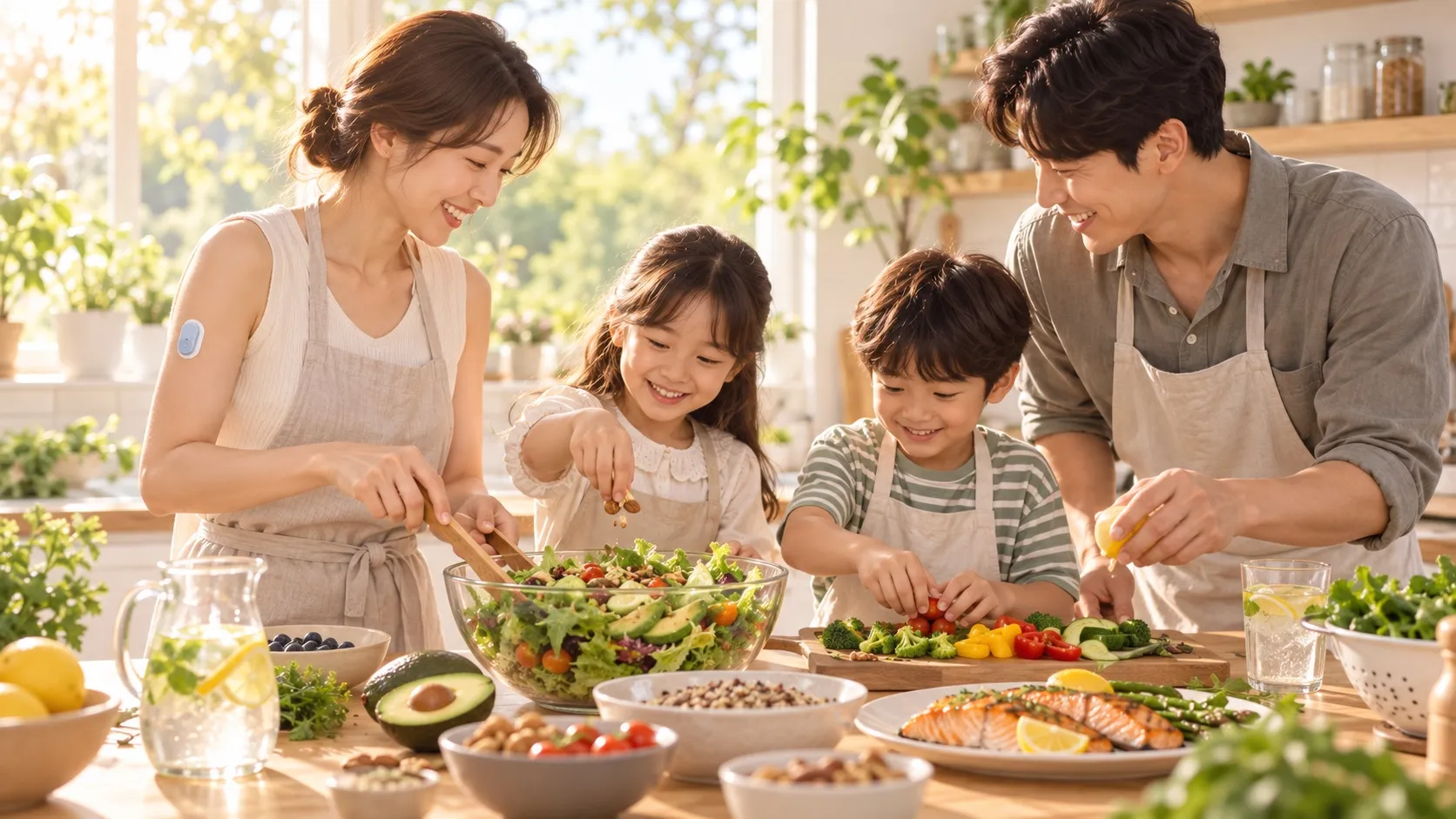 햇살이 드는 부엌에서 온 가족이 샐러드를 만드는 모습. 엄마의 팔에 작은 혈당 센서가 붙어 있고 아이들이 채소를 집으며 웃고 있다.