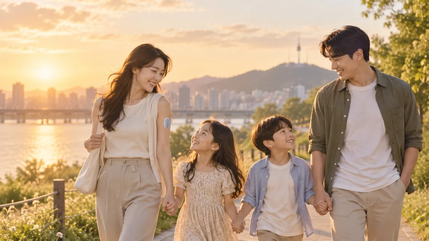 노을 지는 강변 산책로를 손잡고 걷는 네 식구. 엄마의 팔에 작은 혈당 센서가 붙어 있고, 두 아이가 부모의 손을 잡고 웃고 있다.