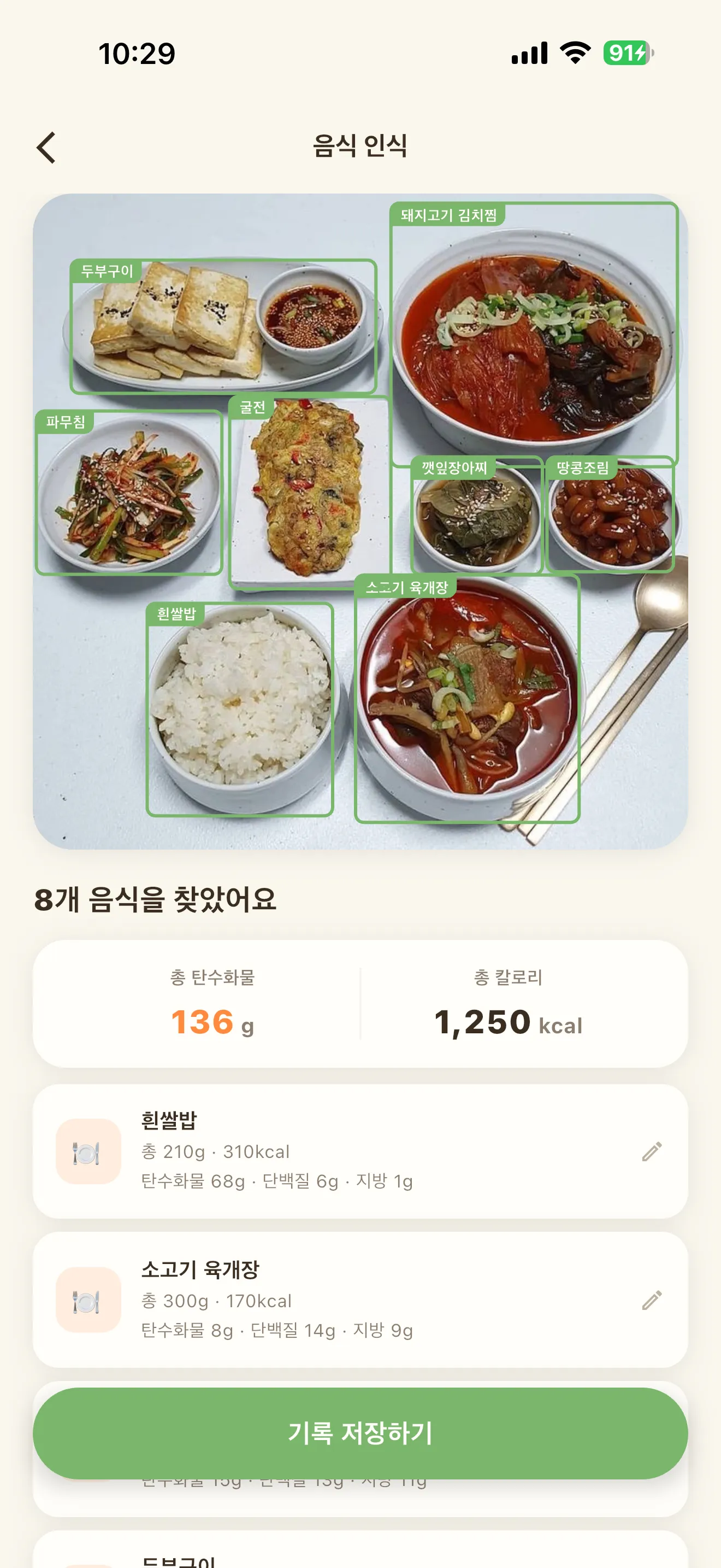 음식 인식 화면. 한 상 사진에서 음식 8개를 각각 잡아내고 총 탄수화물 136g·1,250kcal을 정리해 보여준다.