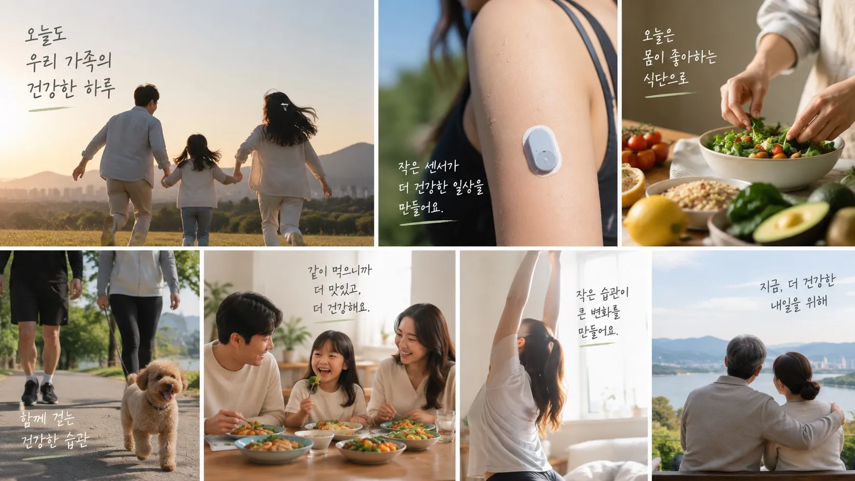 일상 장면 7컷 콜라주. 노을 속 가족 산책 '오늘도 우리 가족의 건강한 하루', 팔에 붙인 센서 '작은 센서가 더 건강한 일상을 만들어요', 샐러드 준비 '오늘은 몸이 좋아하는 식단으로', 강아지와 산책 '함께 걷는 건강한 습관', 가족 식사 '같이 먹으니까 더 맛있고, 더 건강해요', 아침 스트레칭 '작은 습관이 큰 변화를 만들어요', 강변 벤치의 부부 '지금, 더 건강한 내일을 위해'.