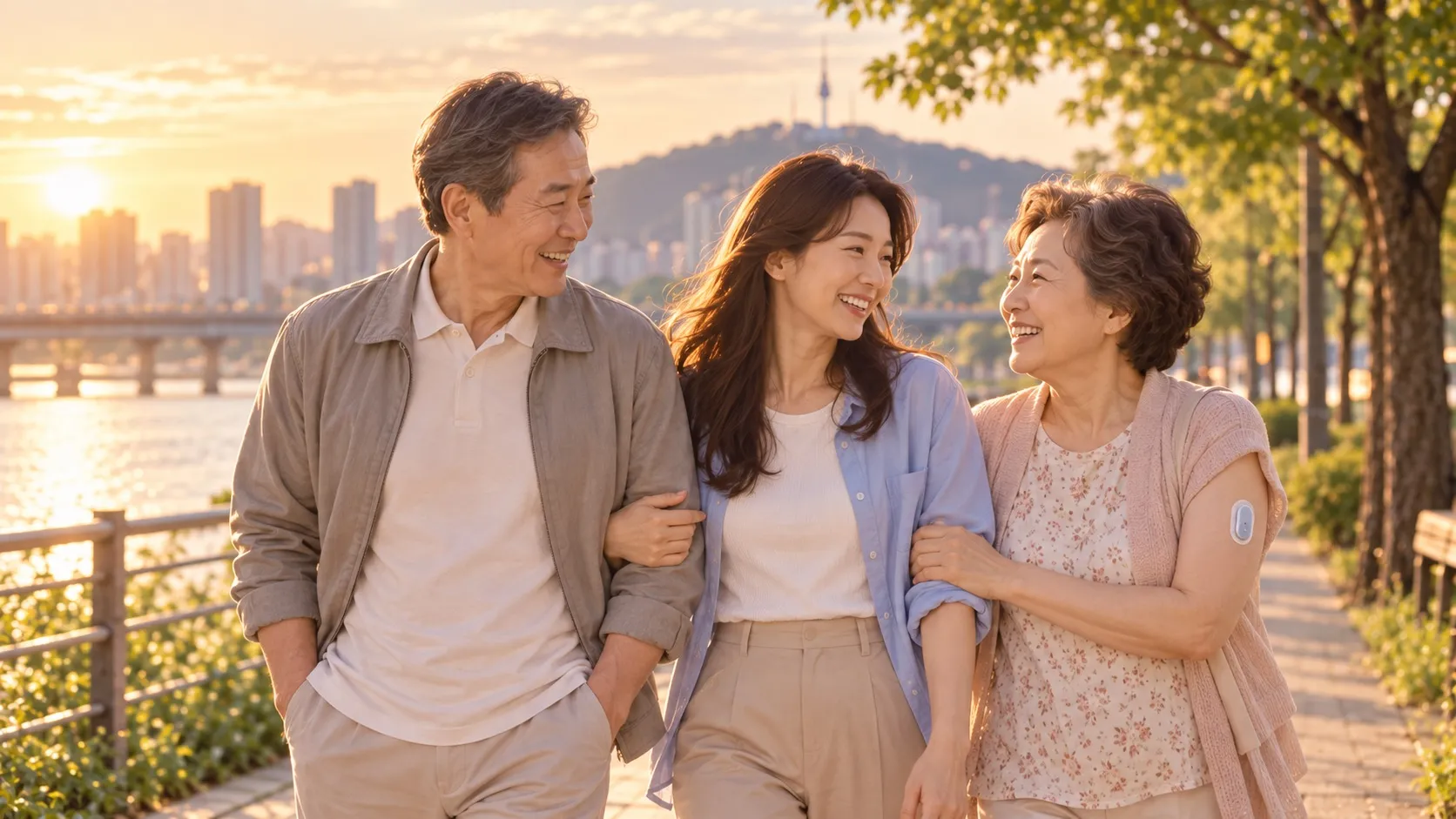 노을 지는 강변 산책로를 팔짱 끼고 걷는 삼대. 아버지, 딸, 어머니가 서로를 보며 웃고 있고 어머니의 팔에 작은 혈당 센서가 붙어 있다.